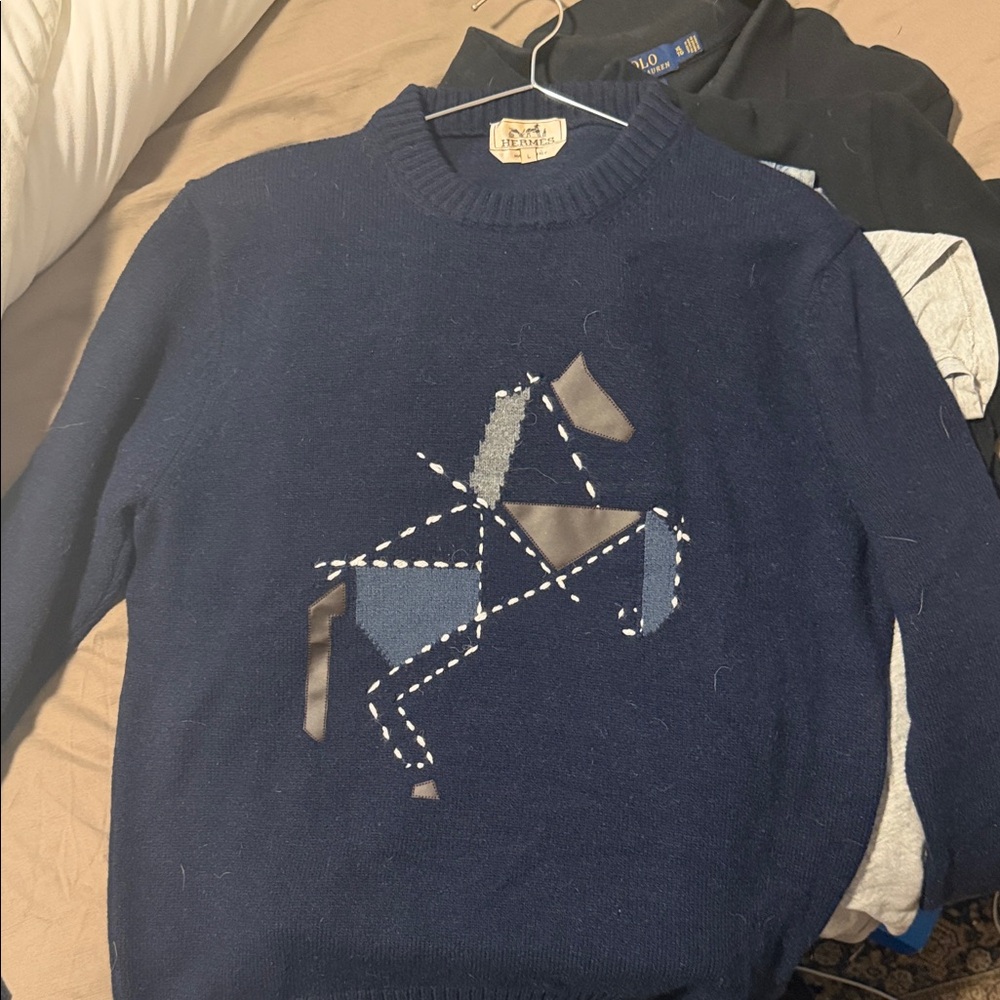 Hermes Dark Blue Sweater with Horse Pattern